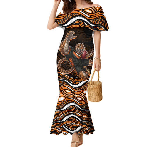 Personalized Wests Tigers Rugby Family Matching Mermaid Dress and Hawaiian Shirt Aboriginal Dot Art - Dreamtime Rugby Mascot