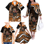 Personalized Wests Tigers Rugby Family Matching Off The Shoulder Long Sleeve Dress and Hawaiian Shirt Aboriginal Dot Art - Dreamtime Rugby Mascot