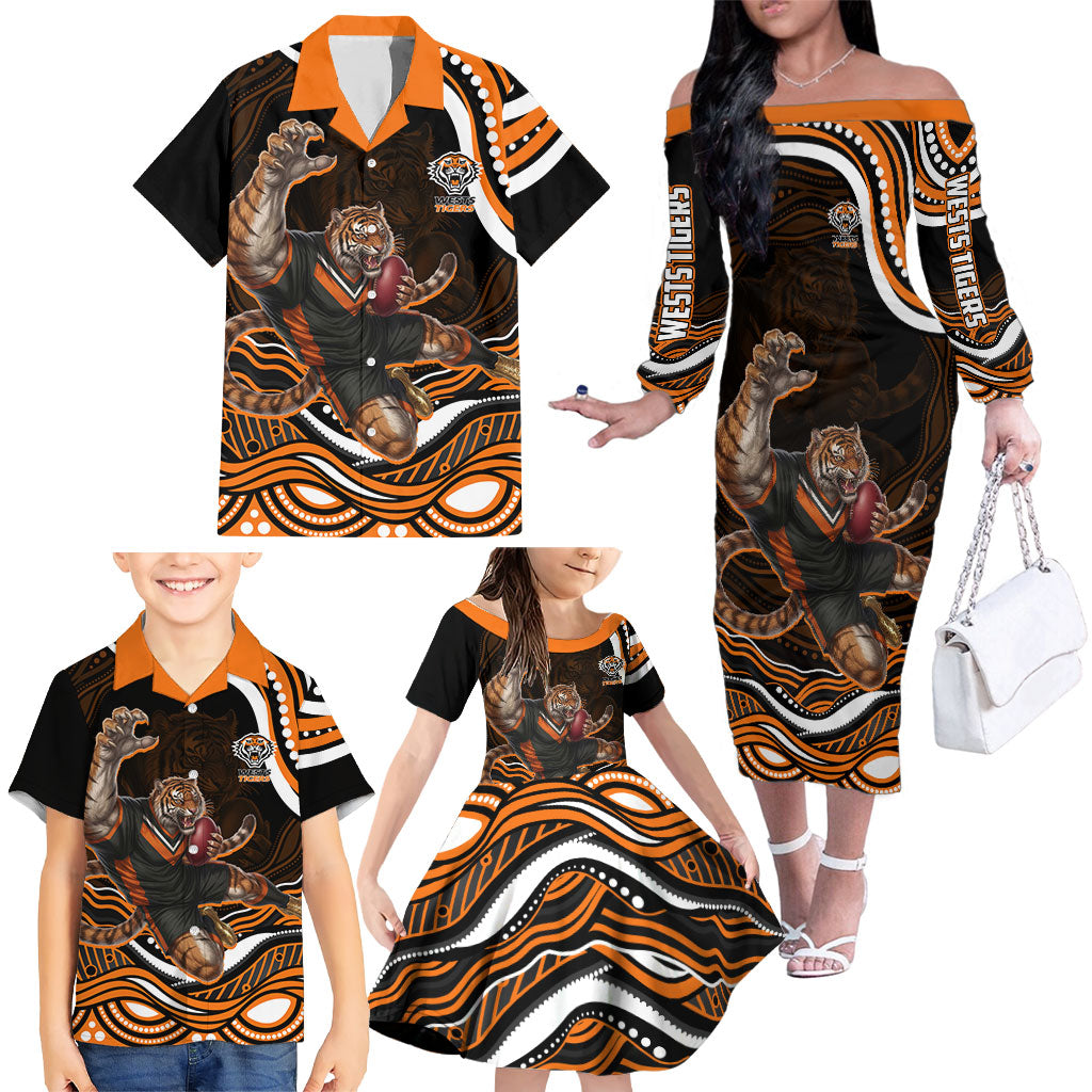 Personalized Wests Tigers Rugby Family Matching Off The Shoulder Long Sleeve Dress and Hawaiian Shirt Aboriginal Dot Art - Dreamtime Rugby Mascot