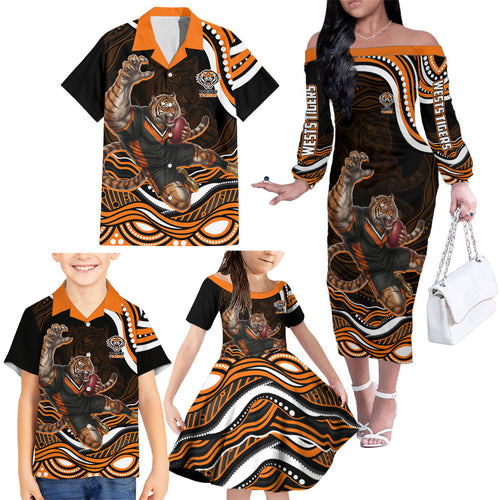 Personalized Wests Tigers Rugby Family Matching Off The Shoulder Long Sleeve Dress and Hawaiian Shirt Aboriginal Dot Art - Dreamtime Rugby Mascot
