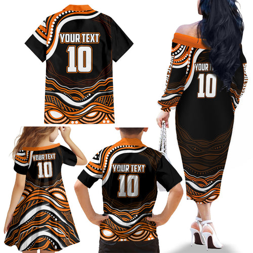 Personalized Wests Tigers Rugby Family Matching Off The Shoulder Long Sleeve Dress and Hawaiian Shirt Aboriginal Dot Art - Dreamtime Rugby Mascot