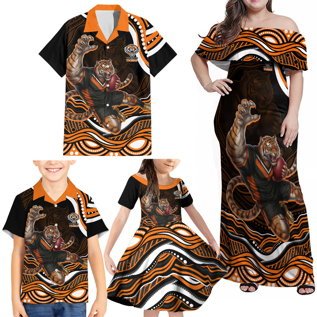 Personalized Wests Tigers Rugby Family Matching Off Shoulder Maxi Dress and Hawaiian Shirt Aboriginal Dot Art - Dreamtime Rugby Mascot