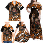 Personalized Wests Tigers Rugby Family Matching Off Shoulder Maxi Dress and Hawaiian Shirt Aboriginal Dot Art - Dreamtime Rugby Mascot