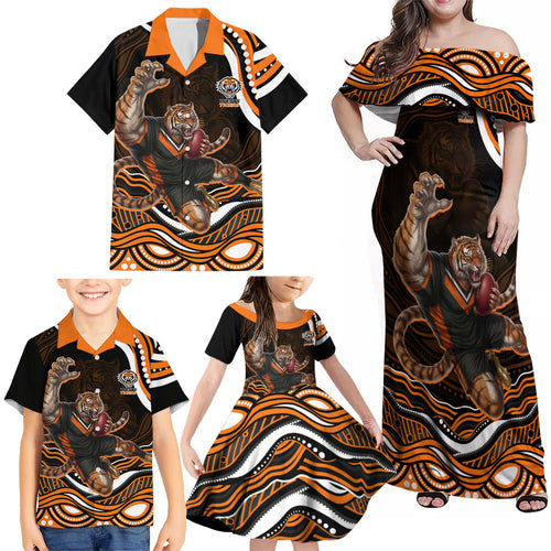 Personalized Wests Tigers Rugby Family Matching Off Shoulder Maxi Dress and Hawaiian Shirt Aboriginal Dot Art - Dreamtime Rugby Mascot