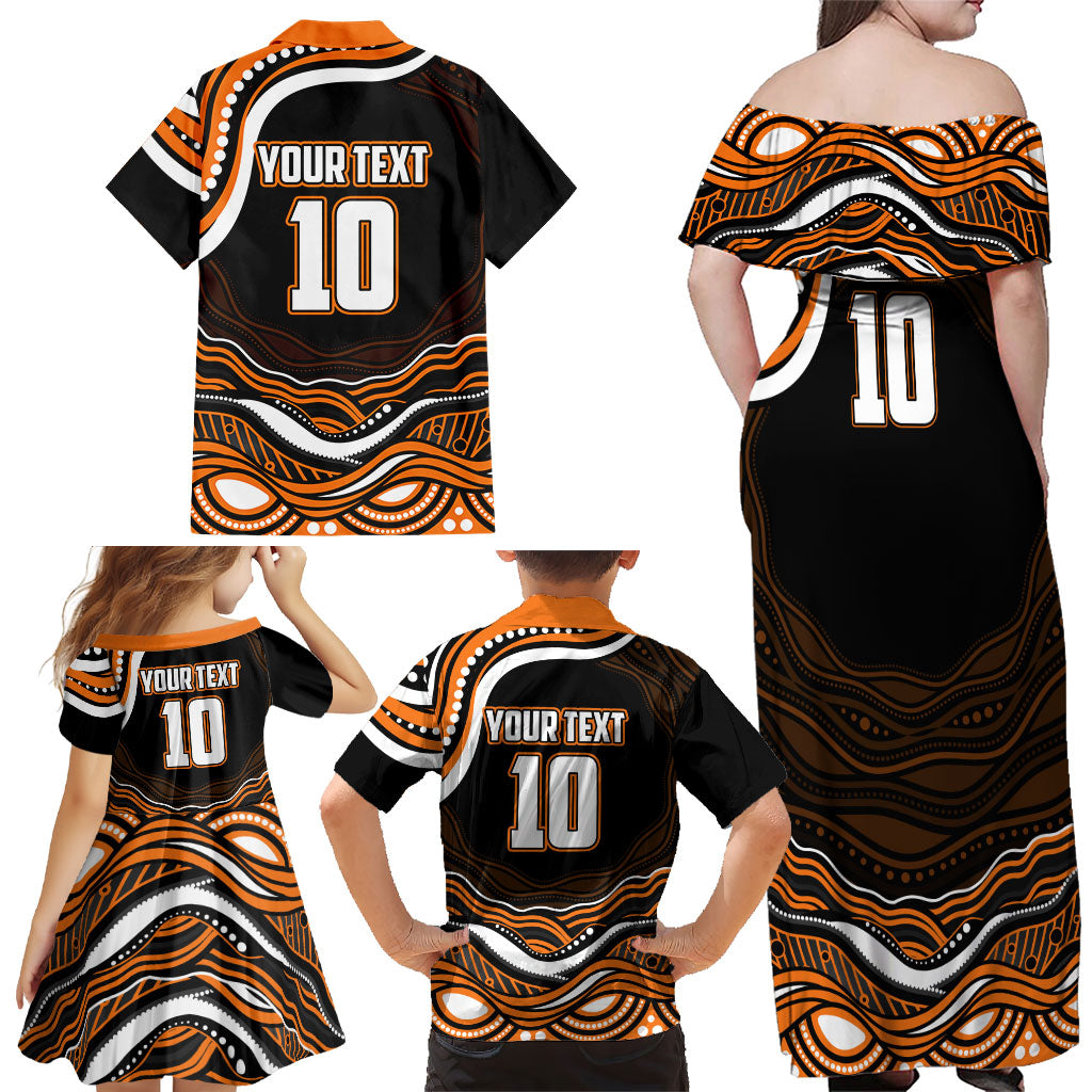 Personalized Wests Tigers Rugby Family Matching Off Shoulder Maxi Dress and Hawaiian Shirt Aboriginal Dot Art - Dreamtime Rugby Mascot