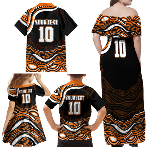 Personalized Wests Tigers Rugby Family Matching Off Shoulder Maxi Dress and Hawaiian Shirt Aboriginal Dot Art - Dreamtime Rugby Mascot