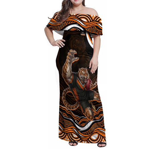 Personalized Wests Tigers Rugby Family Matching Off Shoulder Maxi Dress and Hawaiian Shirt Aboriginal Dot Art - Dreamtime Rugby Mascot