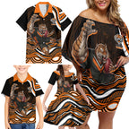 Personalized Wests Tigers Rugby Family Matching Off Shoulder Short Dress and Hawaiian Shirt Aboriginal Dot Art - Dreamtime Rugby Mascot