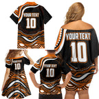 Personalized Wests Tigers Rugby Family Matching Off Shoulder Short Dress and Hawaiian Shirt Aboriginal Dot Art - Dreamtime Rugby Mascot