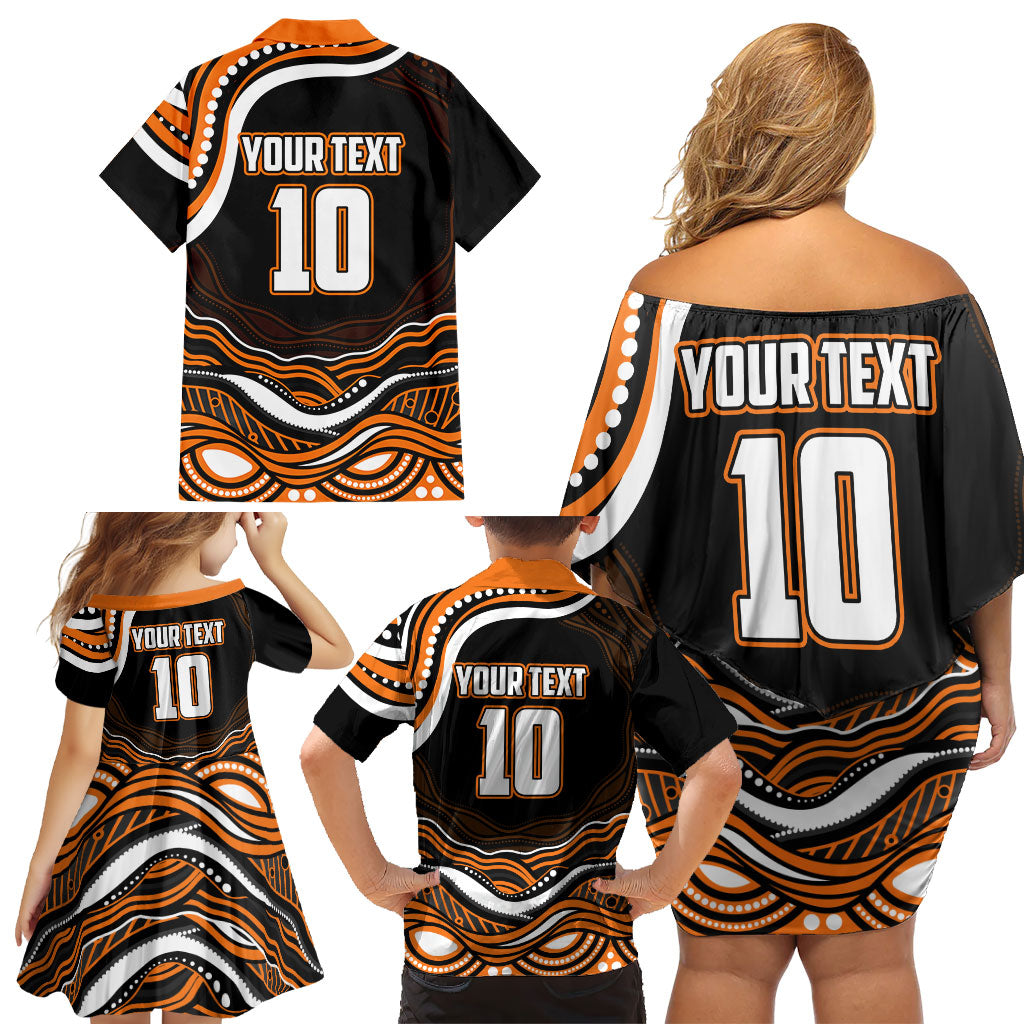 Personalized Wests Tigers Rugby Family Matching Off Shoulder Short Dress and Hawaiian Shirt Aboriginal Dot Art - Dreamtime Rugby Mascot