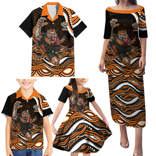 Personalized Wests Tigers Rugby Family Matching Puletasi and Hawaiian Shirt Aboriginal Dot Art - Dreamtime Rugby Mascot