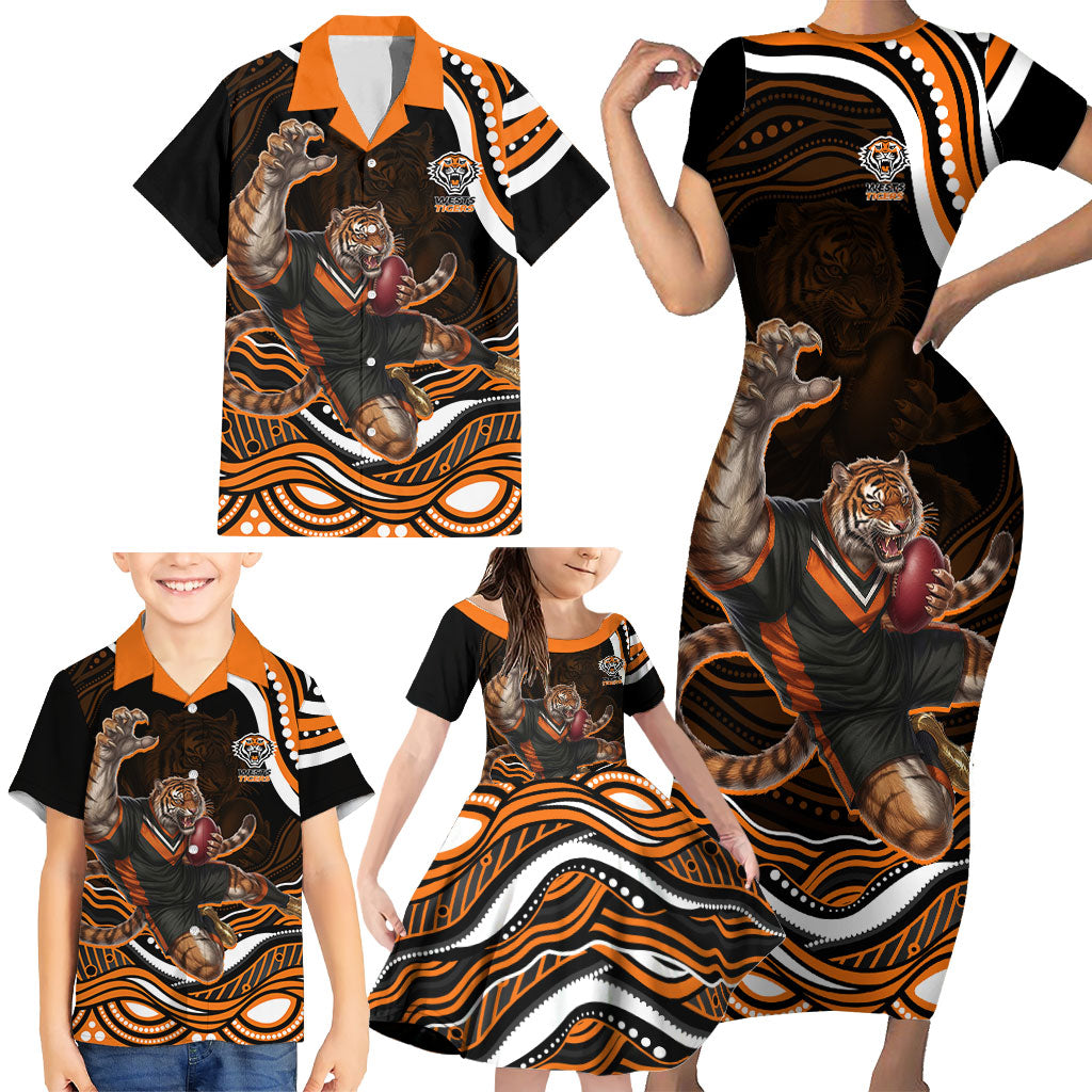 Personalized Wests Tigers Rugby Family Matching Short Sleeve Bodycon Dress and Hawaiian Shirt Aboriginal Dot Art - Dreamtime Rugby Mascot