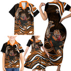 Personalized Wests Tigers Rugby Family Matching Short Sleeve Bodycon Dress and Hawaiian Shirt Aboriginal Dot Art - Dreamtime Rugby Mascot