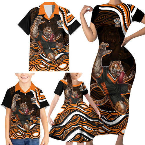 Personalized Wests Tigers Rugby Family Matching Short Sleeve Bodycon Dress and Hawaiian Shirt Aboriginal Dot Art - Dreamtime Rugby Mascot