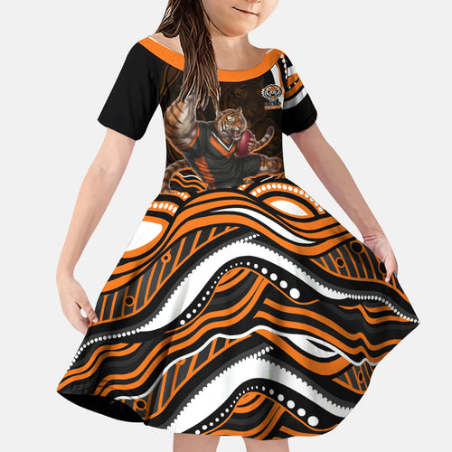 Personalized Wests Tigers Rugby Family Matching Short Sleeve Bodycon Dress and Hawaiian Shirt Aboriginal Dot Art - Dreamtime Rugby Mascot