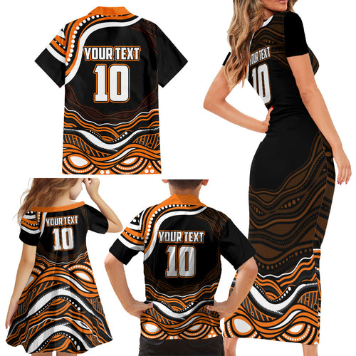 Personalized Wests Tigers Rugby Family Matching Short Sleeve Bodycon Dress and Hawaiian Shirt Aboriginal Dot Art - Dreamtime Rugby Mascot