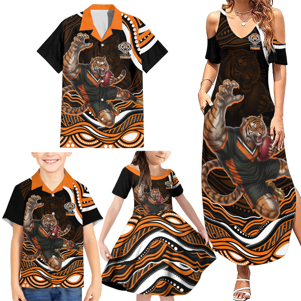 Personalized Wests Tigers Rugby Family Matching Summer Maxi Dress and Hawaiian Shirt Aboriginal Dot Art - Dreamtime Rugby Mascot