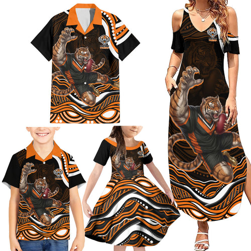 Personalized Wests Tigers Rugby Family Matching Summer Maxi Dress and Hawaiian Shirt Aboriginal Dot Art - Dreamtime Rugby Mascot