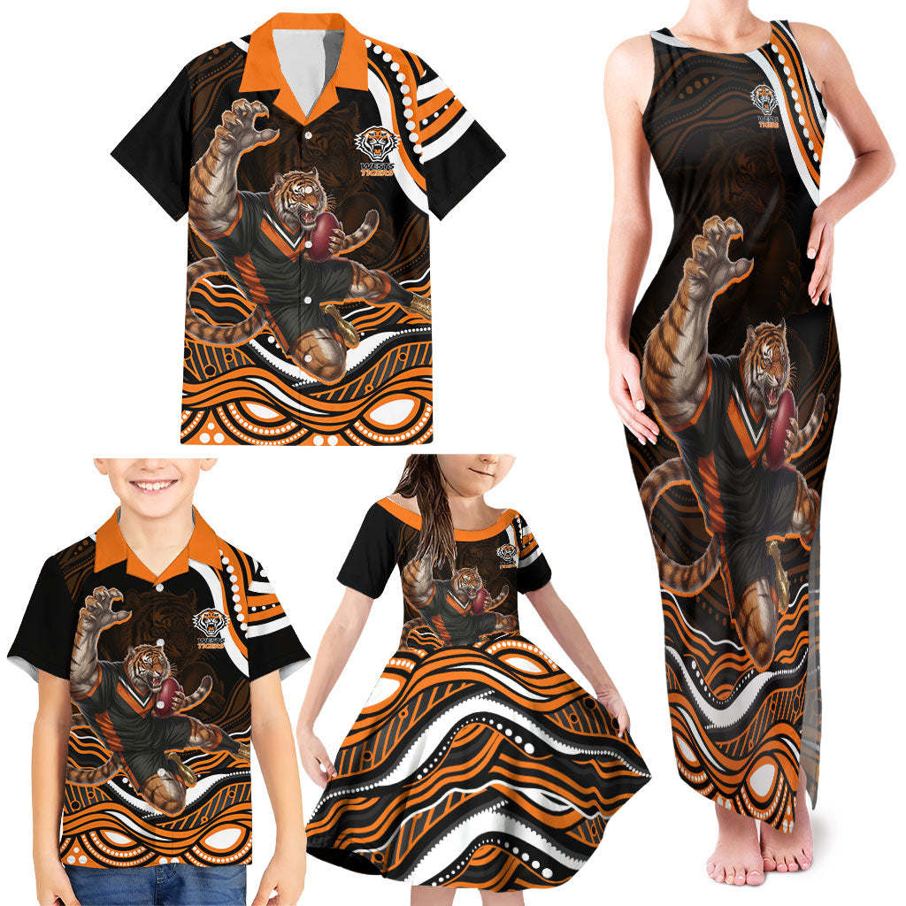 Personalized Wests Tigers Rugby Family Matching Tank Maxi Dress and Hawaiian Shirt Aboriginal Dot Art - Dreamtime Rugby Mascot