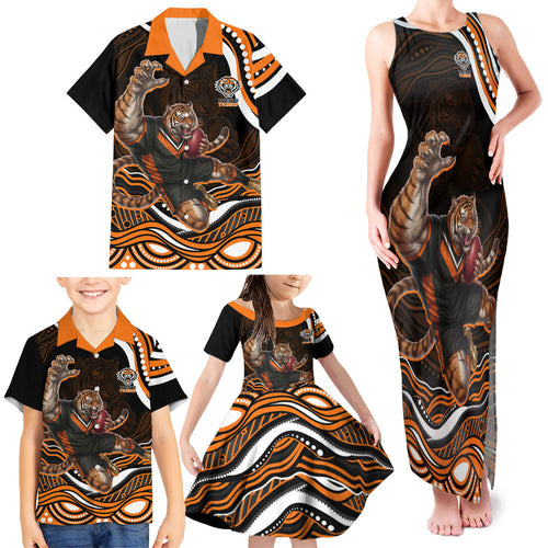 Personalized Wests Tigers Rugby Family Matching Tank Maxi Dress and Hawaiian Shirt Aboriginal Dot Art - Dreamtime Rugby Mascot