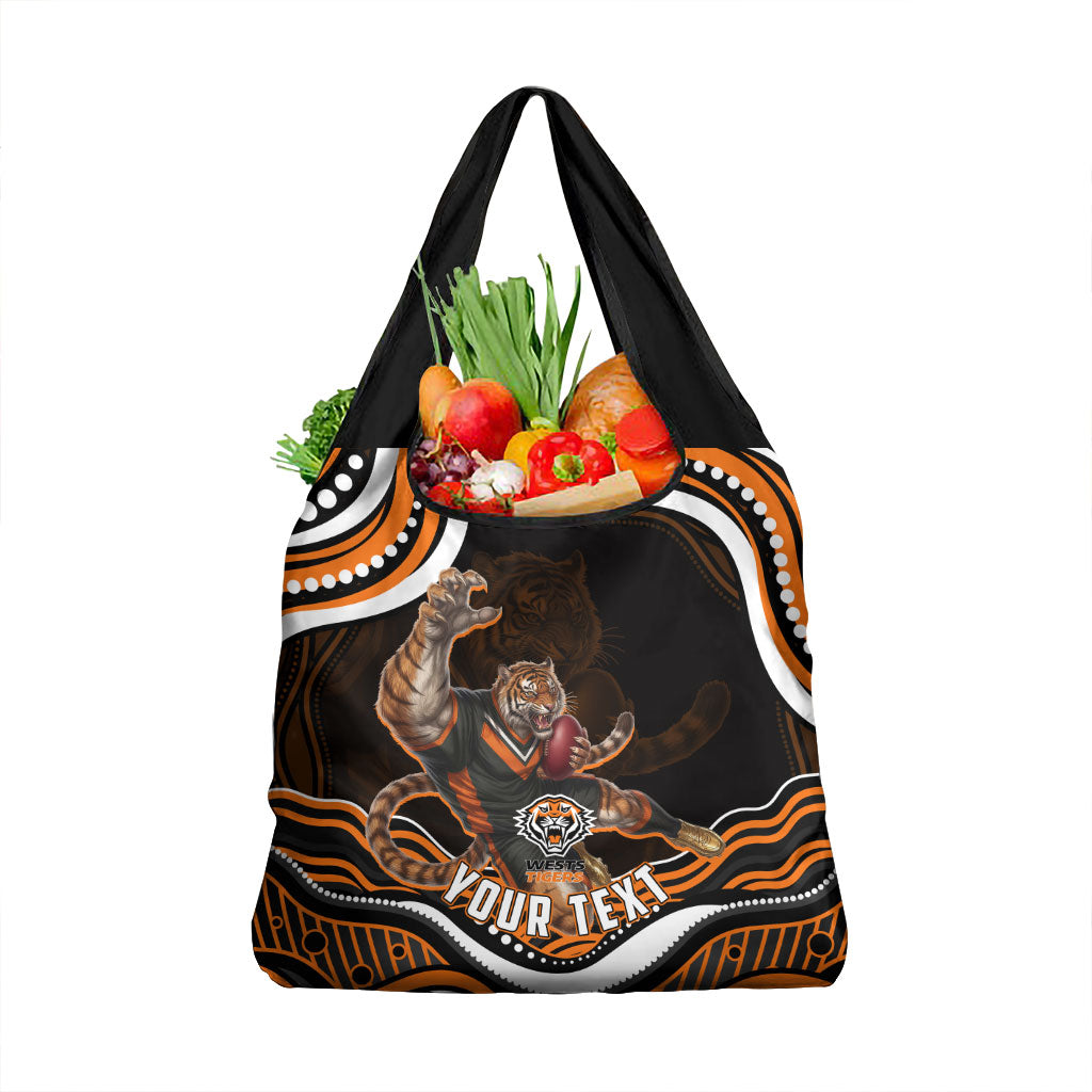 Personalized Wests Tigers Rugby Grocery Bag Aboriginal Dot Art - Dreamtime Rugby Mascot