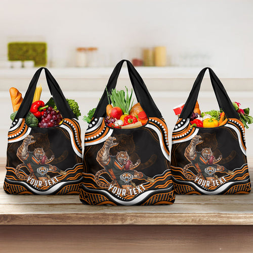 Personalized Wests Tigers Rugby Grocery Bag Aboriginal Dot Art - Dreamtime Rugby Mascot