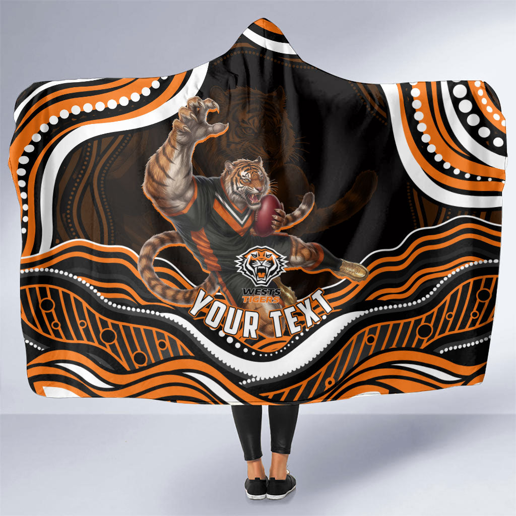 Personalized Wests Tigers Rugby Hooded Blanket Aboriginal Dot Art - Dreamtime Rugby Mascot