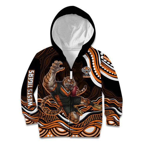 Personalized Wests Tigers Rugby Kid Hoodie Aboriginal Dot Art - Dreamtime Rugby Mascot