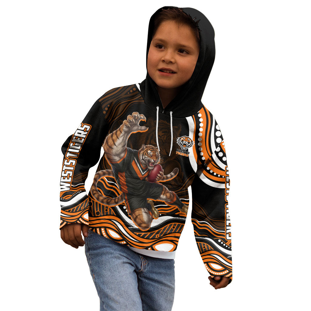 Personalized Wests Tigers Rugby Kid Hoodie Aboriginal Dot Art - Dreamtime Rugby Mascot