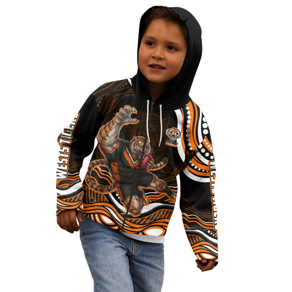 Personalized Wests Tigers Rugby Kid Hoodie Aboriginal Dot Art - Dreamtime Rugby Mascot