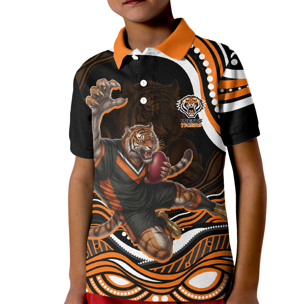 Personalized Wests Tigers Rugby Kid Polo Shirt Aboriginal Dot Art - Dreamtime Rugby Mascot