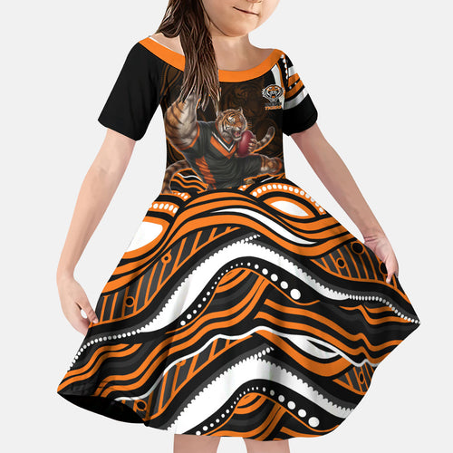 Personalized Wests Tigers Rugby Kid Short Sleeve Dress Aboriginal Dot Art - Dreamtime Rugby Mascot