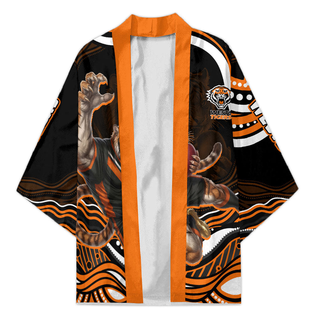 Personalized Wests Tigers Rugby Kimono Aboriginal Dot Art - Dreamtime Rugby Mascot