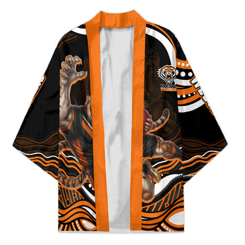 Personalized Wests Tigers Rugby Kimono Aboriginal Dot Art - Dreamtime Rugby Mascot