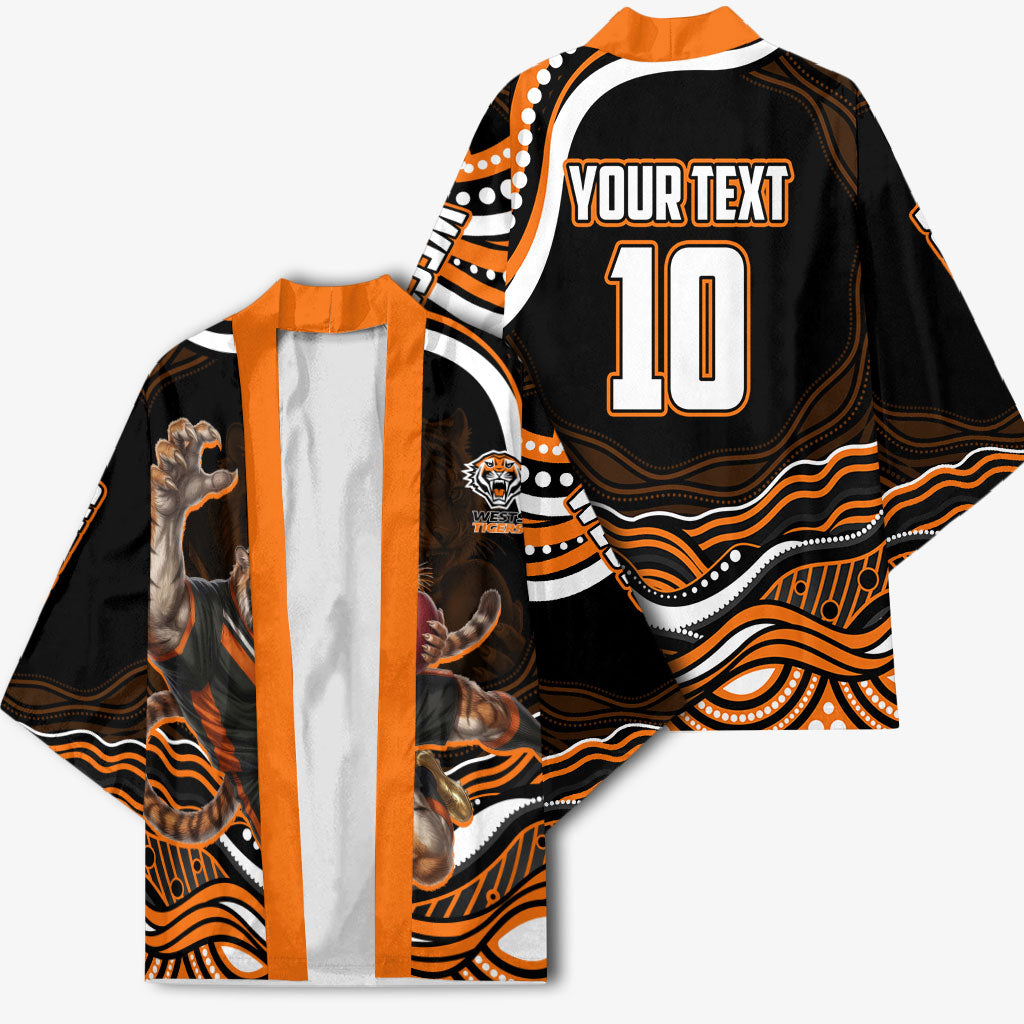 Personalized Wests Tigers Rugby Kimono Aboriginal Dot Art - Dreamtime Rugby Mascot