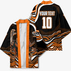Personalized Wests Tigers Rugby Kimono Aboriginal Dot Art - Dreamtime Rugby Mascot