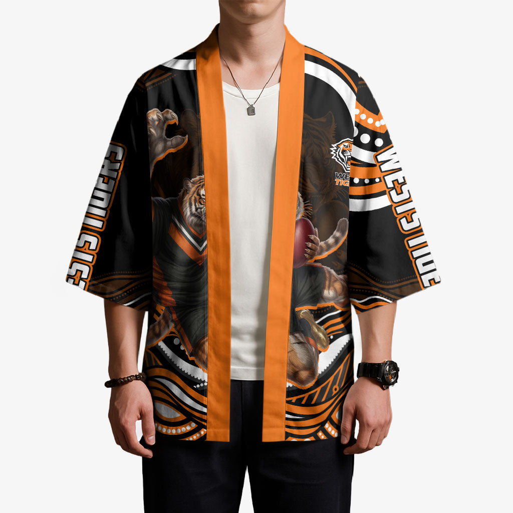 Personalized Wests Tigers Rugby Kimono Aboriginal Dot Art - Dreamtime Rugby Mascot