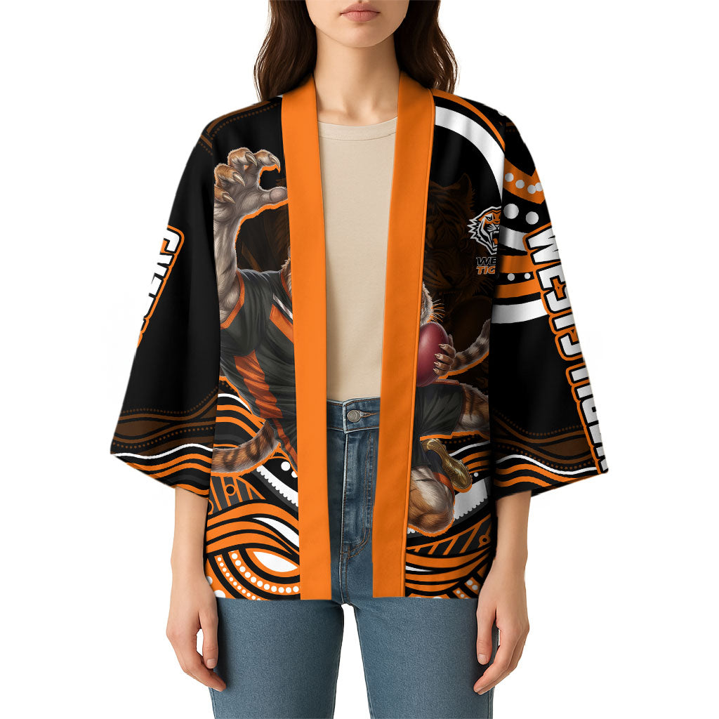 Personalized Wests Tigers Rugby Kimono Aboriginal Dot Art - Dreamtime Rugby Mascot