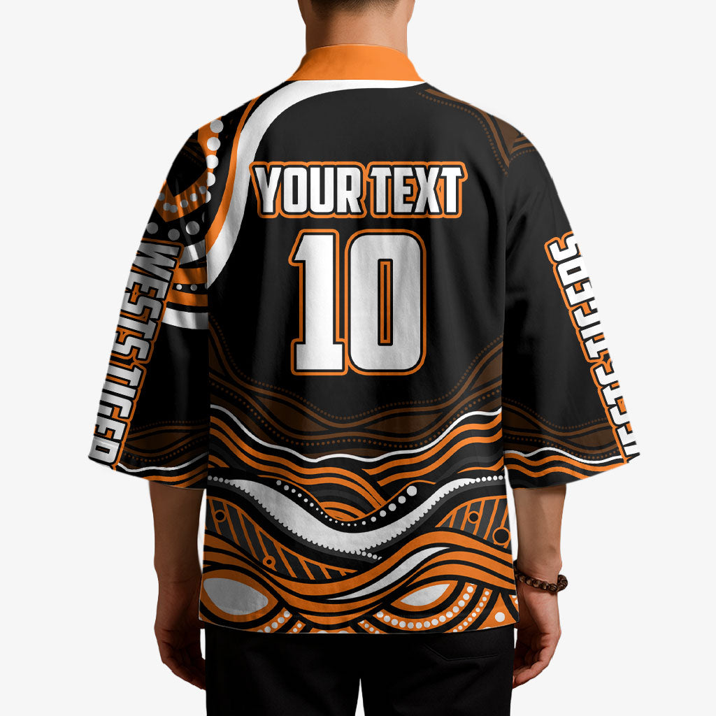 Personalized Wests Tigers Rugby Kimono Aboriginal Dot Art - Dreamtime Rugby Mascot