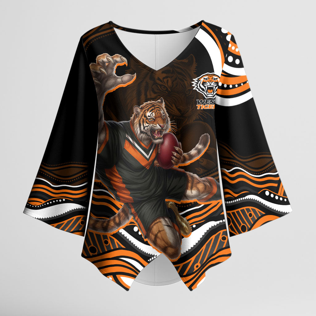 Personalized Wests Tigers Rugby Kimono Sleeve Blouse Aboriginal Dot Art - Dreamtime Rugby Mascot