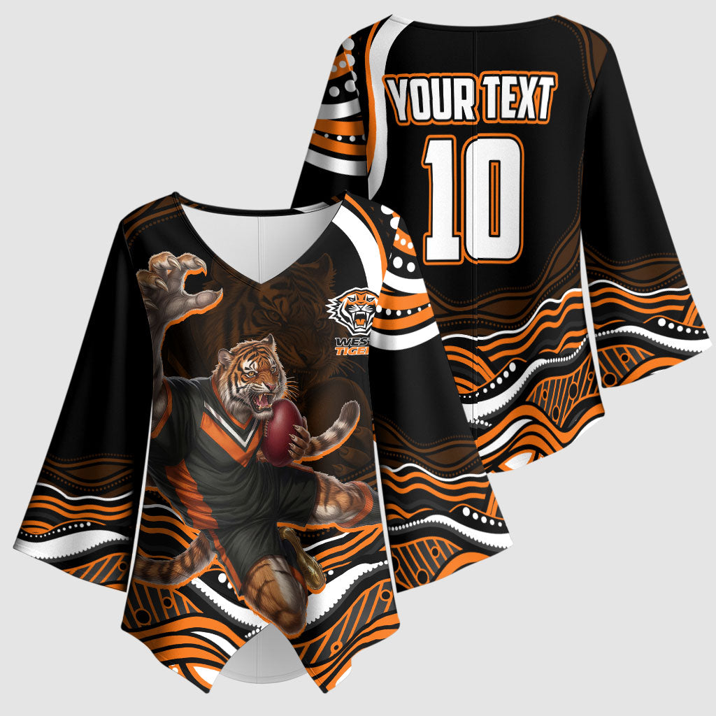 Personalized Wests Tigers Rugby Kimono Sleeve Blouse Aboriginal Dot Art - Dreamtime Rugby Mascot