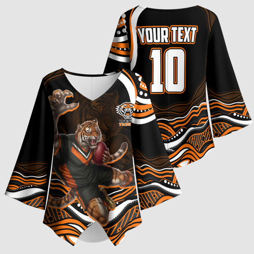 Personalized Wests Tigers Rugby Kimono Sleeve Blouse Aboriginal Dot Art - Dreamtime Rugby Mascot
