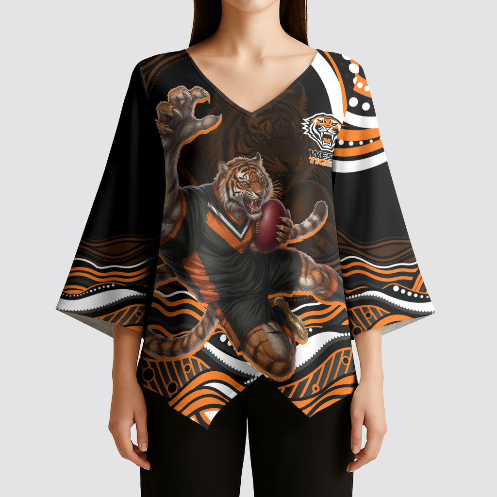 Personalized Wests Tigers Rugby Kimono Sleeve Blouse Aboriginal Dot Art - Dreamtime Rugby Mascot