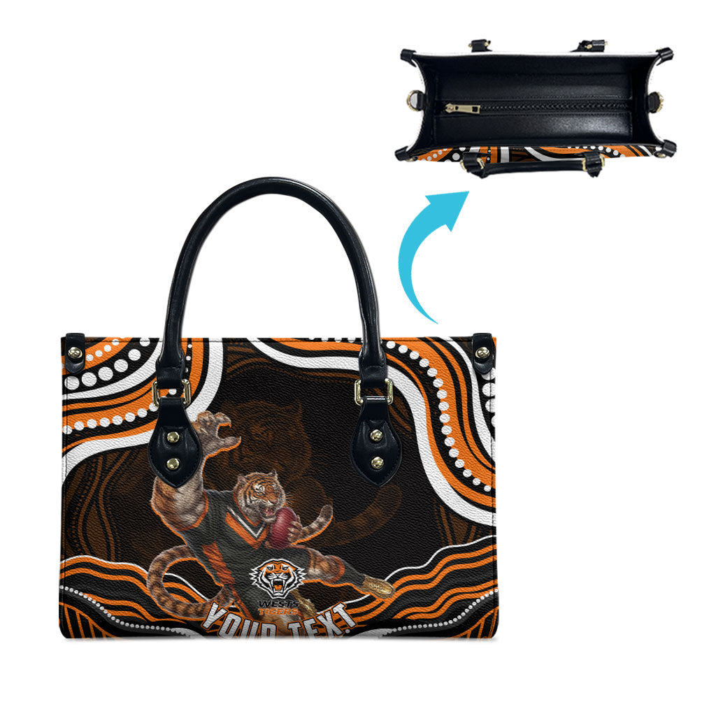 Personalized Wests Tigers Rugby Leather Bag Aboriginal Dot Art - Dreamtime Rugby Mascot