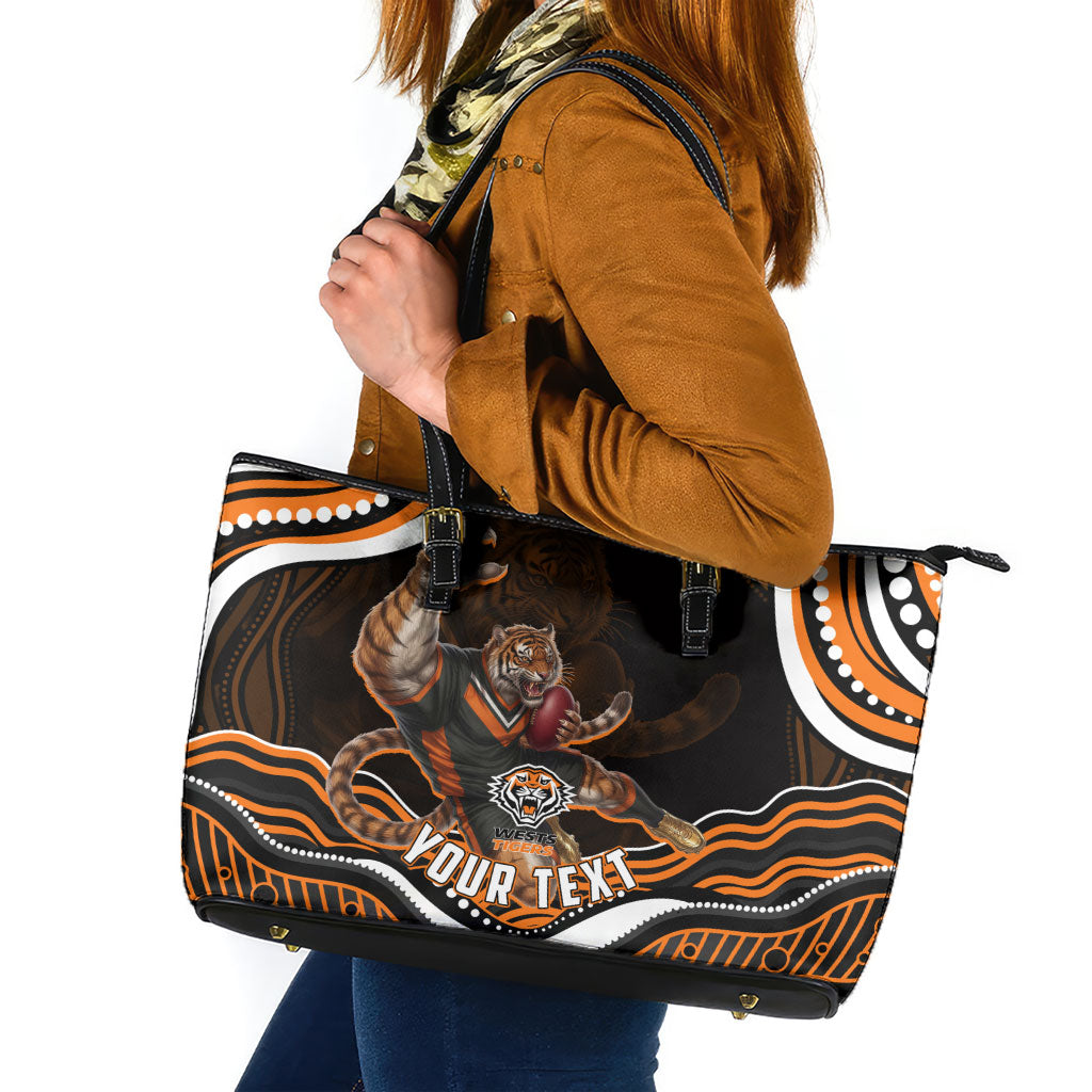 Personalized Wests Tigers Rugby Leather Tote Bag Aboriginal Dot Art - Dreamtime Rugby Mascot