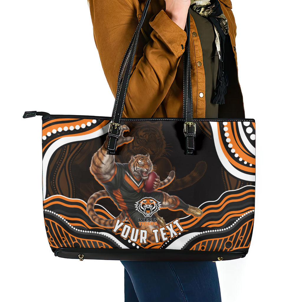Personalized Wests Tigers Rugby Leather Tote Bag Aboriginal Dot Art - Dreamtime Rugby Mascot