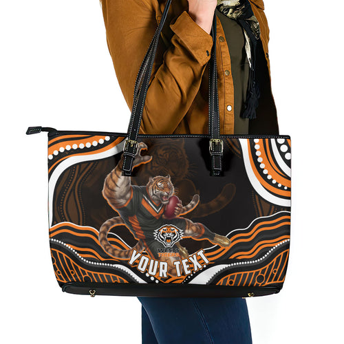 Personalized Wests Tigers Rugby Leather Tote Bag Aboriginal Dot Art - Dreamtime Rugby Mascot