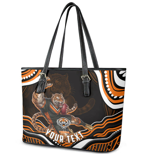 Personalized Wests Tigers Rugby Leather Tote Bag Aboriginal Dot Art - Dreamtime Rugby Mascot
