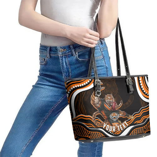 Personalized Wests Tigers Rugby Leather Tote Bag Aboriginal Dot Art - Dreamtime Rugby Mascot