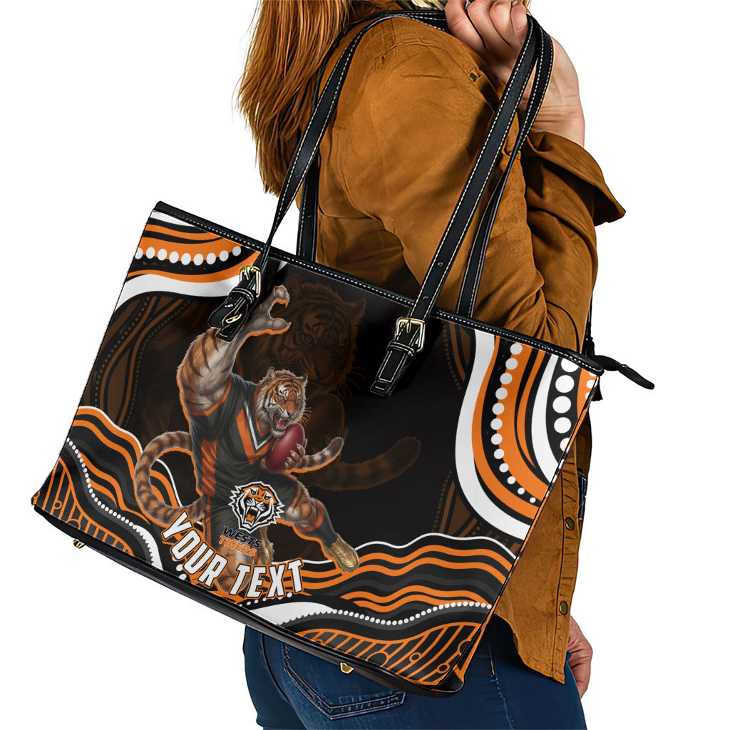 Personalized Wests Tigers Rugby Leather Tote Bag Aboriginal Dot Art - Dreamtime Rugby Mascot